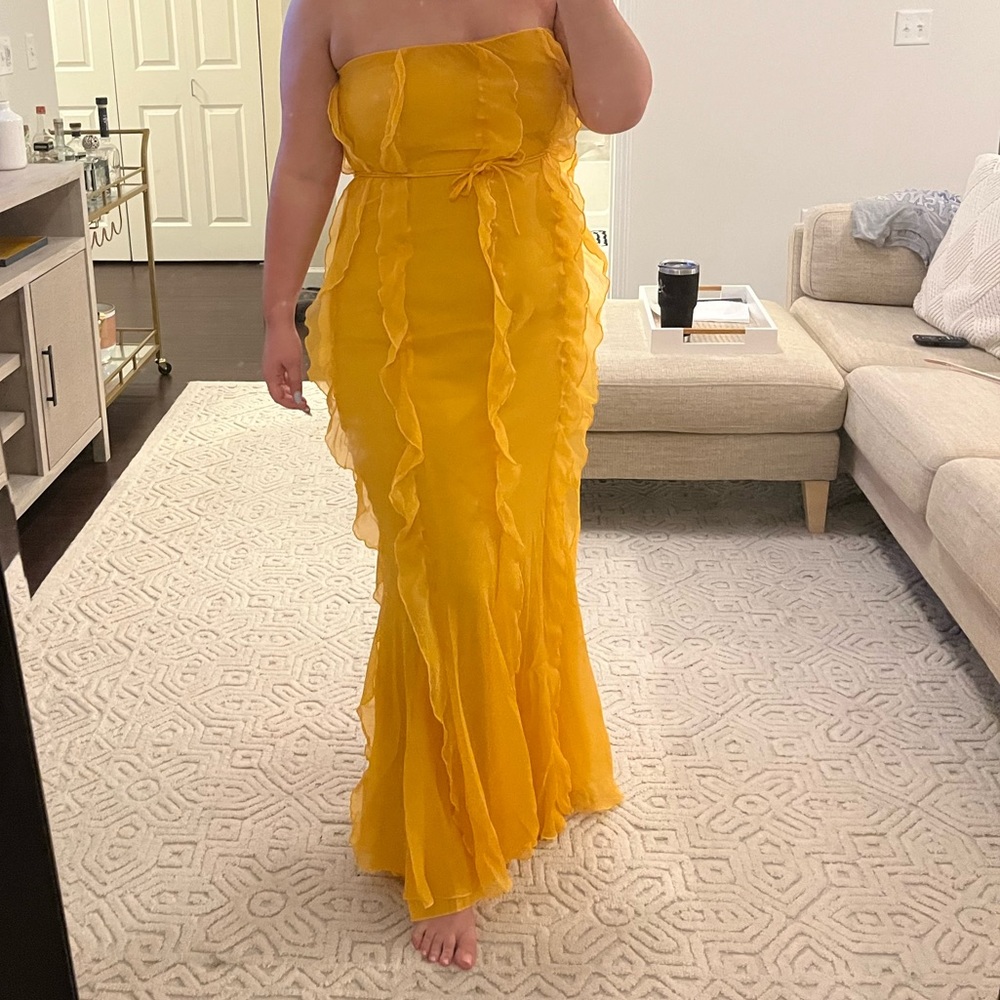 ASOS DESIGN ruffle bandeau maxi dress with tie waist in orange
